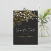 Gold Flowers String Lights Wedding Save The Date (Stehend Vorderseite)