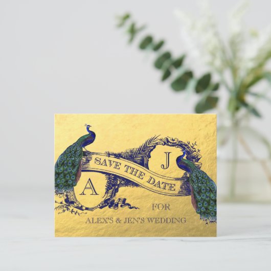 Gold Fock Pfau Save the Date Postkarte (Stehend Vorderseite)