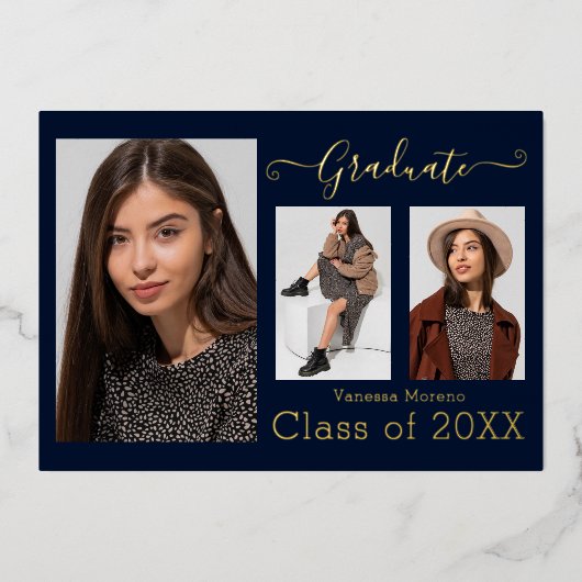 Gold Foil 3 Foto Moderne Kalligraphie Blu Grad Car Folieneinladung (Vorderseite)