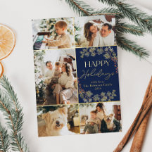 Gold Foil 5 Foto Family Collage Blue Holiday Card