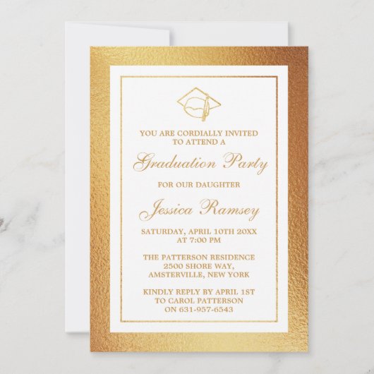 Gold Foil Abschluss Hat Graduation Party Einladung (Vorderseite)
