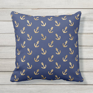 Gold Foil Anchor Muster Navy Blue Nautic Kissen