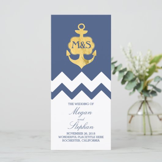 Gold Foil Anchor Navy Hochzeitsprogramme Programm (Stehend Vorderseite)