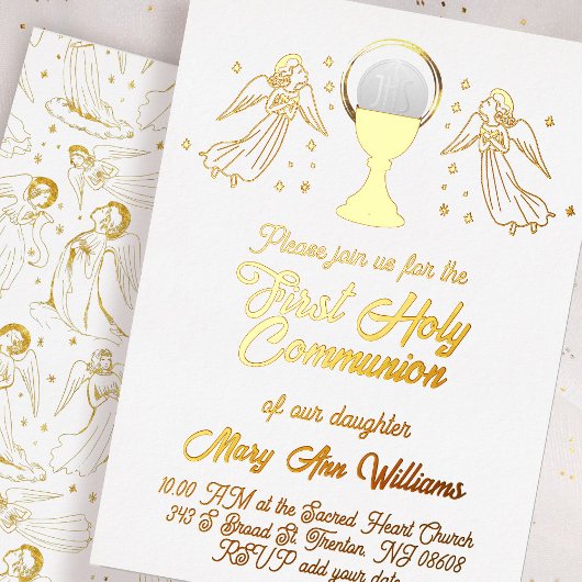  gold foil angels catholic Host First Communion Folieneinladung