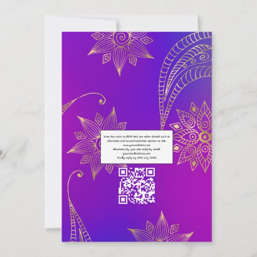 Gold Foil Arabian Bollywood QR Code UAWG Wedding Einladung (Rückseite)