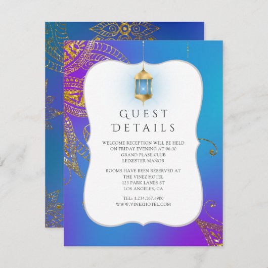Gold Foil Arabian Bollywood Wedding Guest Details Begleitkarte (Vorne/Hinten)