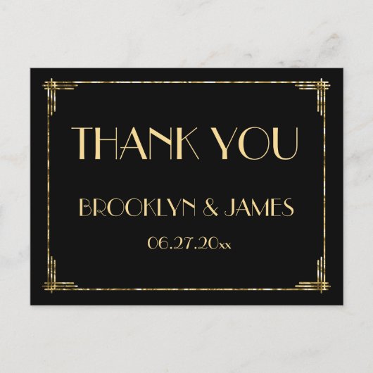 Gold Foil Art Deco Hochzeit Danke Black Postkarte (Vorderseite)