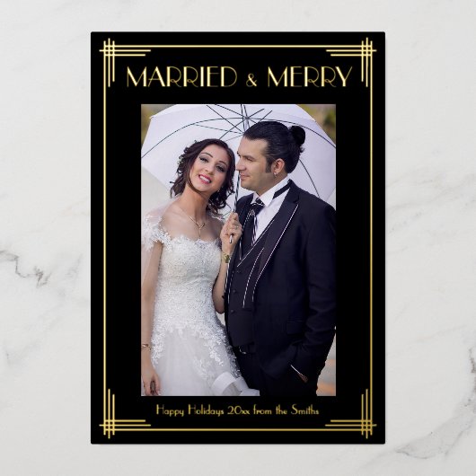 Gold Foil Art Deco Verheiratet & Frohe Weihnachtsk Folieneinladung (Vorderseite)