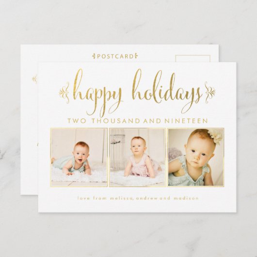 Gold Foil Baby 1. Weihnachts Foto Postcard Postkarte (Vorne/Hinten)