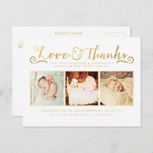 Gold Foil Baby Danke Sip & See Postcard Ankündigungspostkarte (Vorne/Hinten)