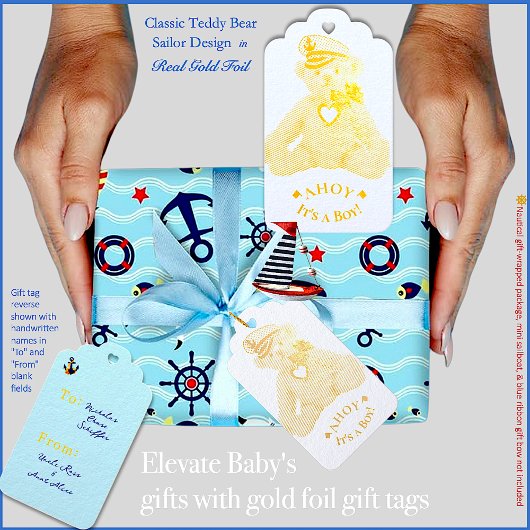 Gold Foil Baby Sailor Bear Geschenkmarke Geschenkanhänger