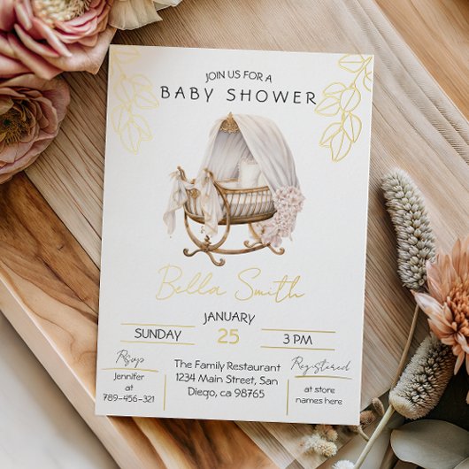 Gold Foil Baby Shower Elegant Script Cradle Folieneinladung