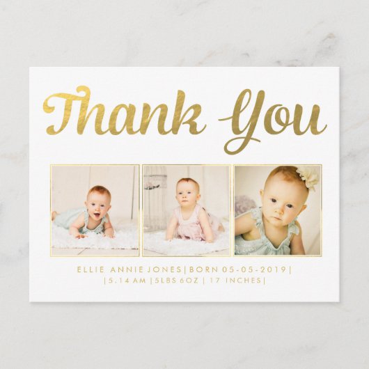 Gold Foil Baby Vielen Dank Foto Frame Postcard Postkarte (Vorderseite)