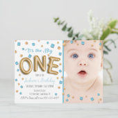 Gold Foil Ballon 1. Geburtstag Foto Einladung (Stehend Vorderseite)