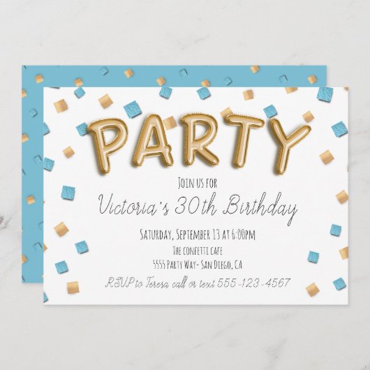 Gold Foil Ballon Letters Party Einladungen (Vorne/Hinten)