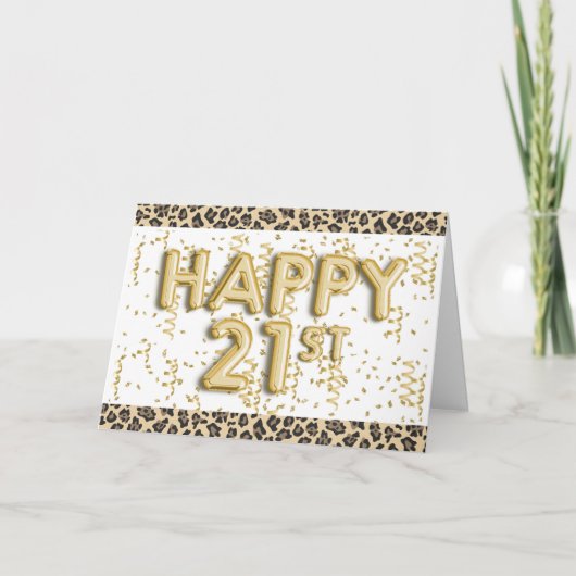 Gold Foil Balloons Leopard Happy 21. Geburtstag Karte (Vorderseite)