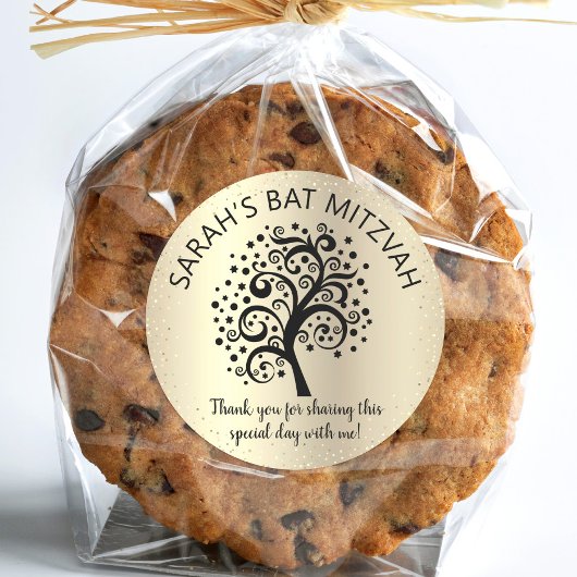 Gold Foil Bat Mitzvah Schwarzer Baum des Lebens Sk Runder Aufkleber