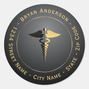 Gold Foil & Black Caduceus Rücksendeadresse Runder Aufkleber