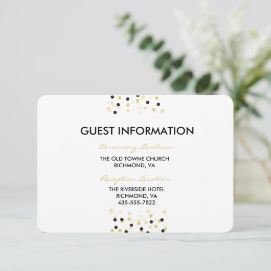 Gold Foil & Black Confetti Dots Hochzeitsinfo Card Einladung (Stehend Vorderseite)