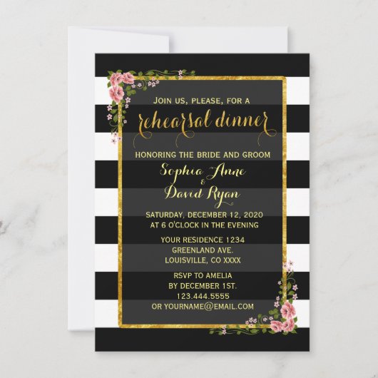 Gold Foil Black Streifen Probe Abendessen Einladun Einladung (Vorderseite)