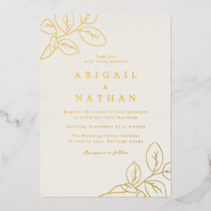 Gold Foil Blätter & Beige Hochzeit Folieneinladung