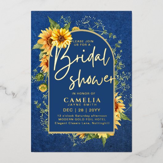 GOLD FOIL Blue Sunflowers BRAUTPARTY QR Code Folieneinladung (Vorderseite)