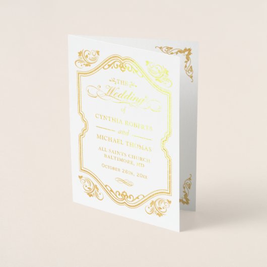 Gold Foil Blüh Frame Wedding Zeremony Programm (Vorderseite)