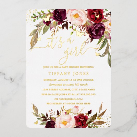 GOLD FOIL Blush Burgundy Floral Baby Showroom Folieneinladung (Vorderseite)