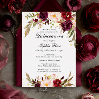 GOLD FOIL Blush Burgundy Floral Quinceanera Folieneinladung