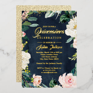 GOLD FOIL Blush Navy Floral Wreath Quinceanera Folieneinladung