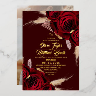 Gold Foil Boho Burgundy Roses Pampas Grass Wedding Folieneinladung