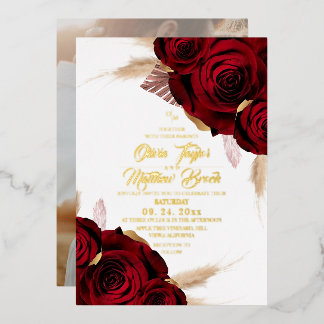 Gold Foil Boho Burgundy Roses Pampas Grass Wedding Folieneinladung