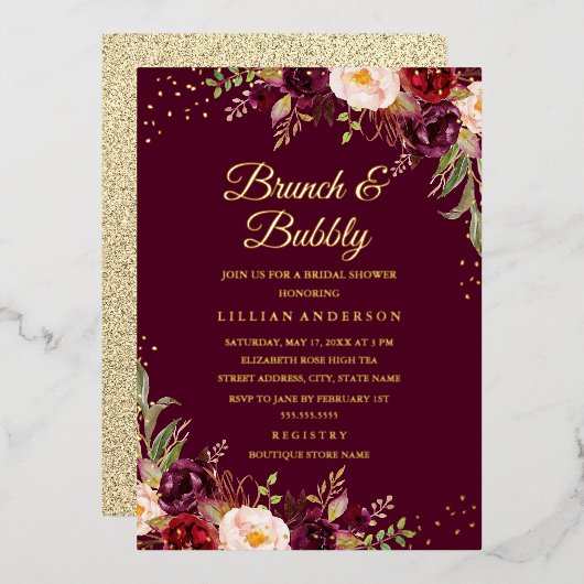 GOLD FOIL Burgunder Blumenbrunch und Bubbly Folieneinladung (Vorderseite/Rückseite)