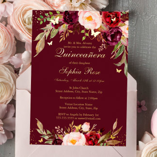 GOLD FOIL Burgundy Blush Floral Quinceanera Folieneinladung