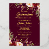 GOLD FOIL Burgundy Floral Quinceanera Folieneinladung (Vorderseite)