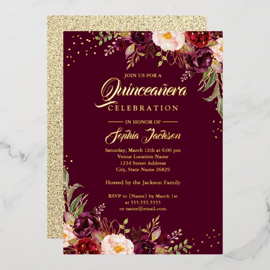 GOLD FOIL Burgundy Floral Quinceanera Folieneinladung (Vorderseite/Rückseite)