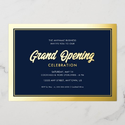 Gold Foil Calligraphy Blue Grand Opening Folieneinladung (Vorderseite)