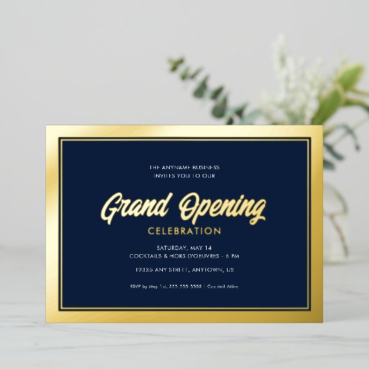 Gold Foil Calligraphy Blue Grand Opening Folieneinladung (Stehend vorne)