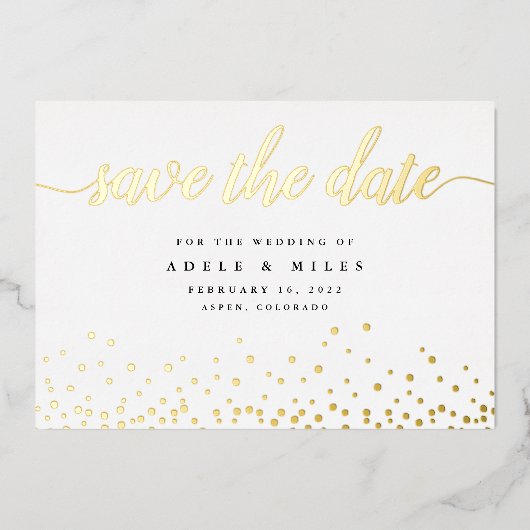 Gold Foil Calligraphy Confetti Save the Date Card Folieneinladung (Vorderseite)