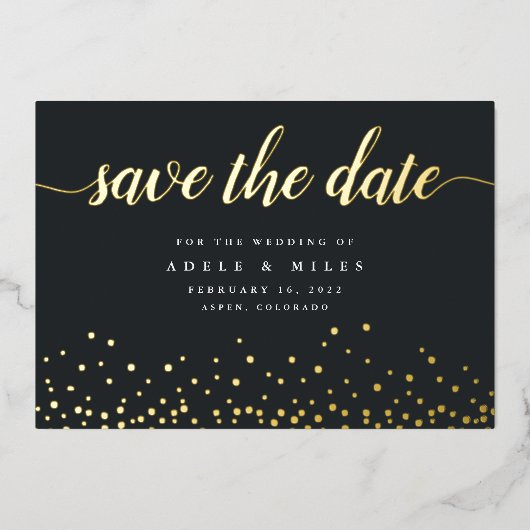 Gold Foil Calligraphy Confetti Save the Date Card Folieneinladung (Vorderseite)