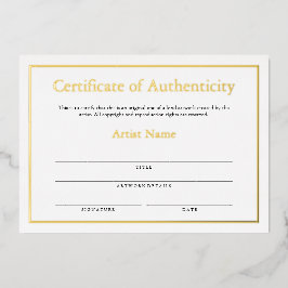 Gold Foil Certificate of Authenticity for Art Folien Feiertagskarte