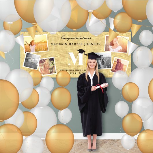 Gold Foil Classic Monogramm 6 Foto Chic Grad Party Banner