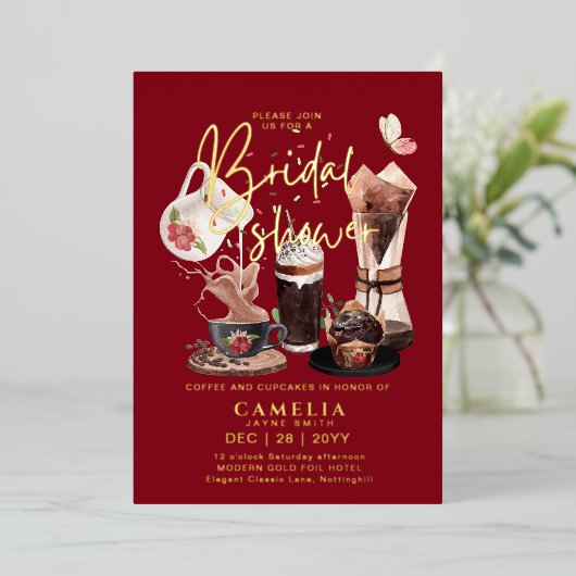 Gold Foil Coffee Cupcakes BRAUTPARTY QR Code Folieneinladung (Stehend vorne)