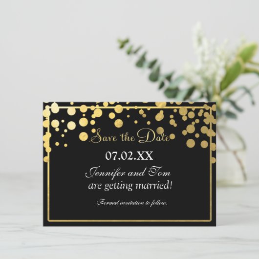 Gold Foil Confetti Black Invitation Rett Date Card Einladung (Stehend Vorderseite)