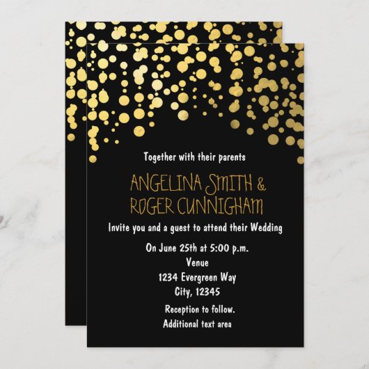 Gold Foil Confetti Dots Black Wedding Einladung (Vorne/Hinten)