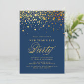 Gold Foil Confetti Dots Blauer Silvesterabend Part Einladung (Stehend Vorderseite)