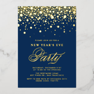 Gold Foil Confetti Dots Blauer Silvesterabend Part Folieneinladung