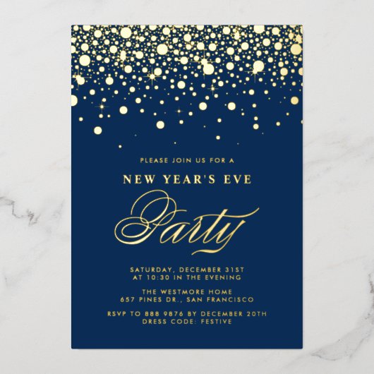 Gold Foil Confetti Dots Blauer Silvesterabend Part Folieneinladung (Vorderseite)