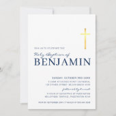 GOLD FOIL CROSS Moderne Taufe minimalblau Marine Einladung (Vorderseite)