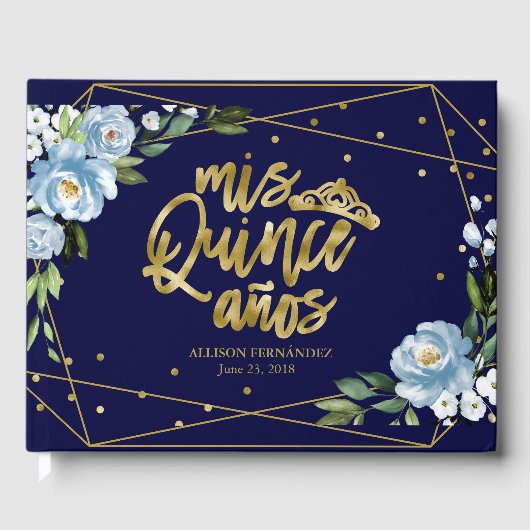 Gold Foil Dark Blue Floral Quinceanera Party Gästebuch (Vorderseite)